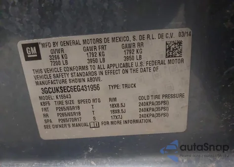 2014 Chevrolet Silverado 1500 2Lz from USA, damaged, VIN 3GCUKSEC6EG431956